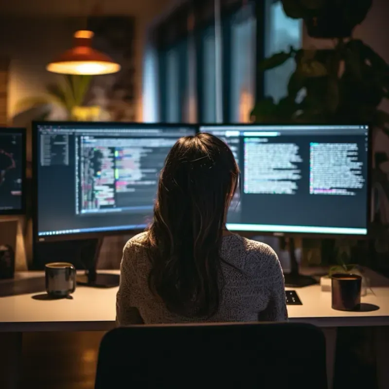 woman working in home office with two screens