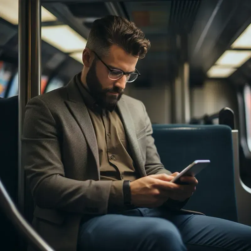 Man texting on his mobile on a train