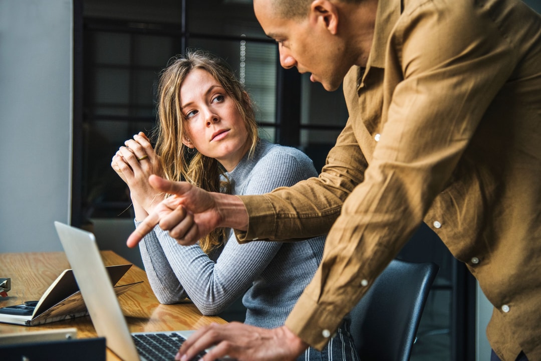 Two colleagues discussing a software program